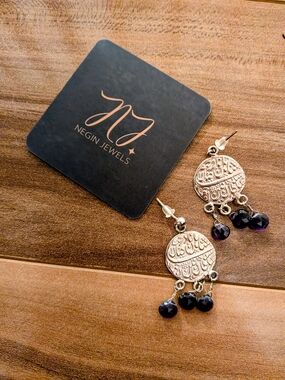 Persian Design and Silver Amethyst Drop Earrings - NWT